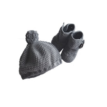 Load image into Gallery viewer, Crochet High Top Baby Bootie &amp; Hat Gift Set in Charcoal Gray