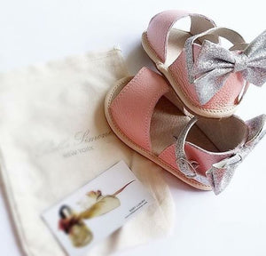 Leather Sandals in Pink with Glitter Bow (Infant/Toddler/Little Kid)