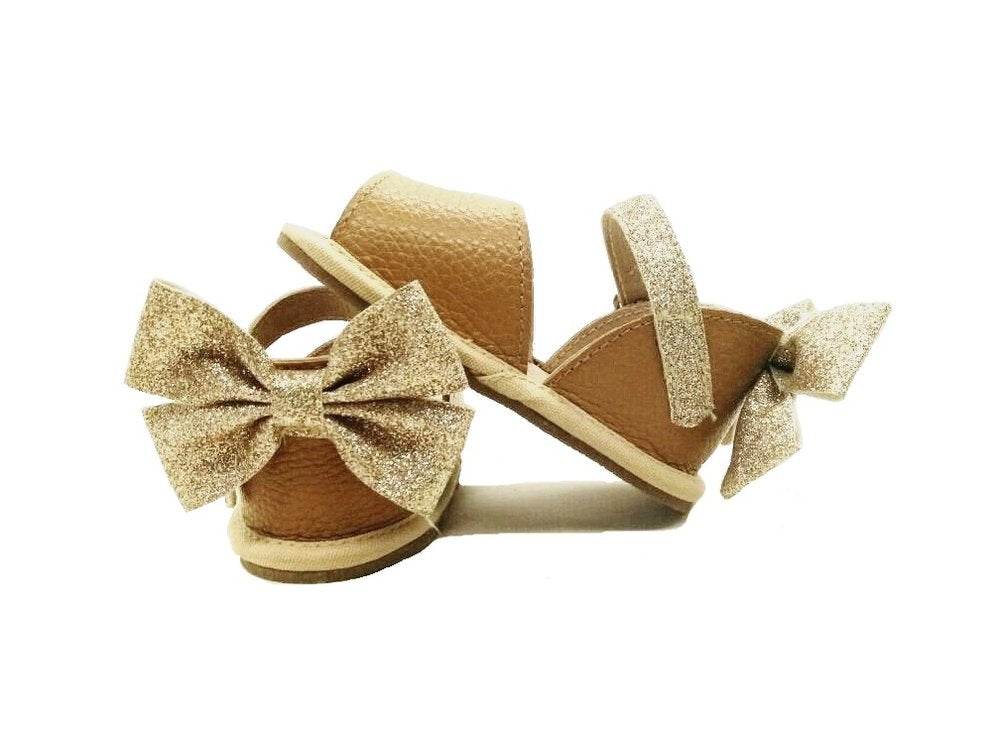 Leather Sandals in Brown with Glitter Bow (Infant/Toddler/Little Kid)