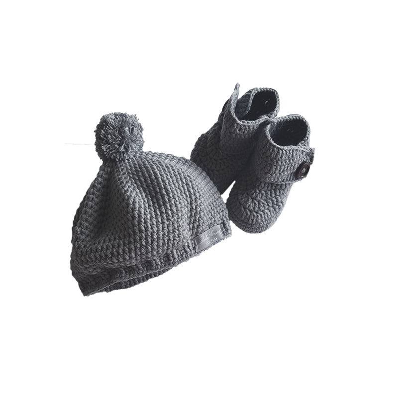 Crochet High Top Baby Bootie & Hat Gift Set in Charcoal Gray