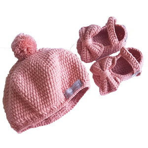 Crochet Pom Pom Hat in Rose Pink
