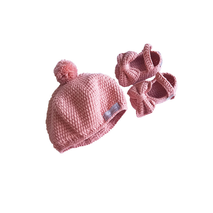 Crochet Baby Mary Jane Booties & Hat Gift Set in Rose Pink