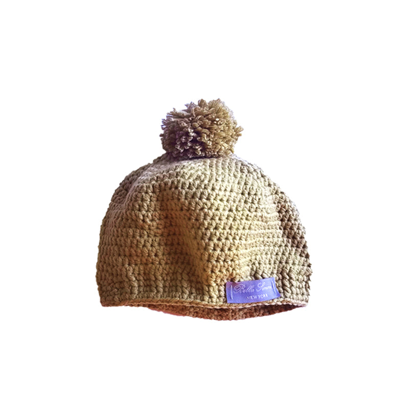 Crochet Pom Pom Hat in Sand Brown