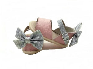 Leather Sandals in Pink with Glitter Bow (Infant/Toddler/Little Kid)